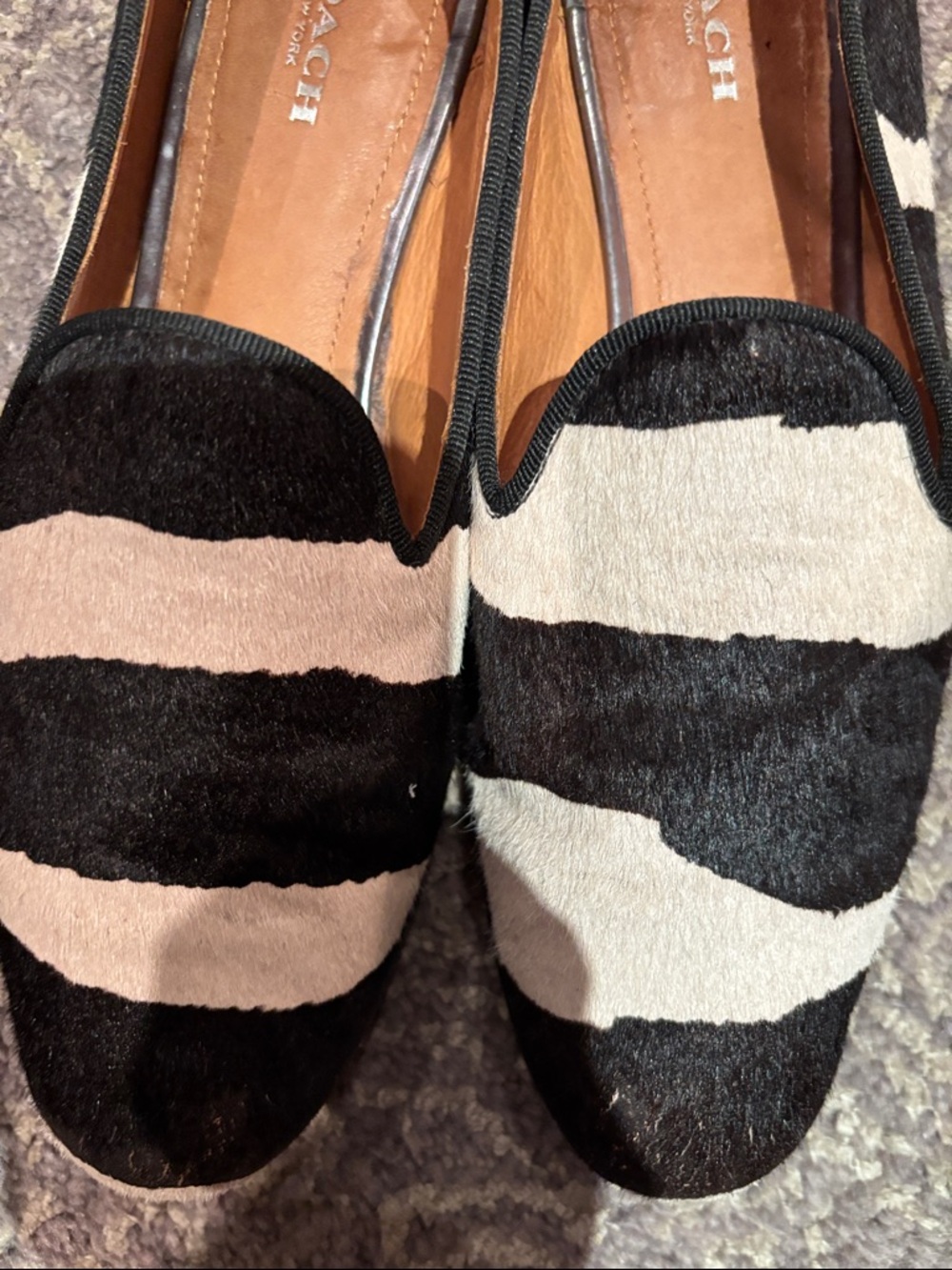 COACH Black and Cream Striped Women's Loafers - Picture 2 of 8